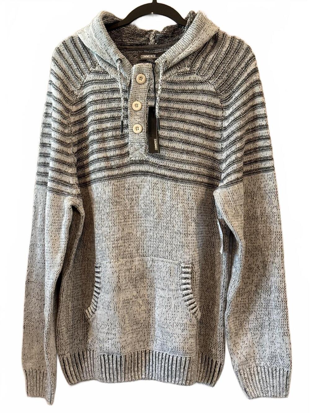 Commerce XL Gray Knit Hoodie Sweater with Button Placket